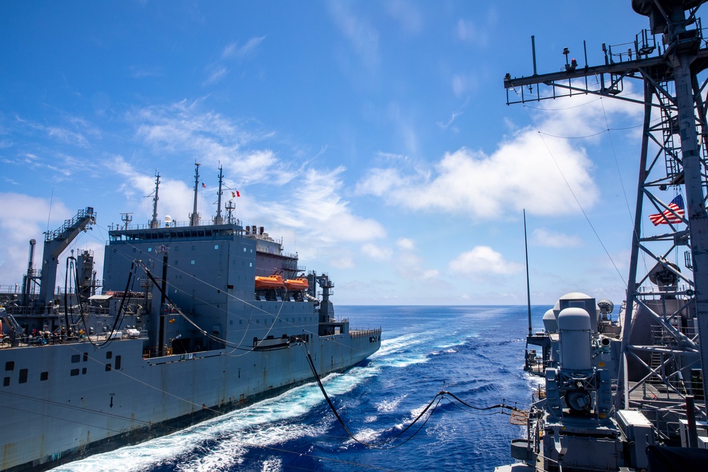 USS Robert Smalls (CG 62) Conducts RAS with USNS Wally Schirra (T-AKE 8)