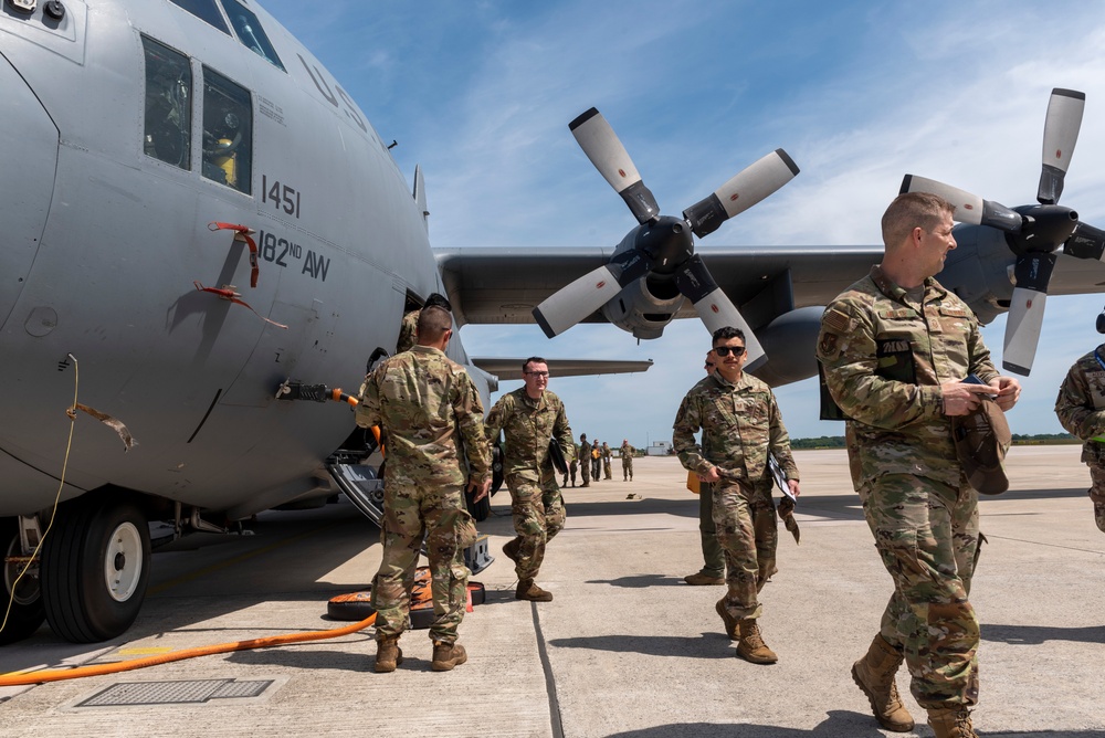 Airmen from the 182nd Airlift Wing arrive at Wunstorf Air Base, Germany, for Exercise Air Defender 2023