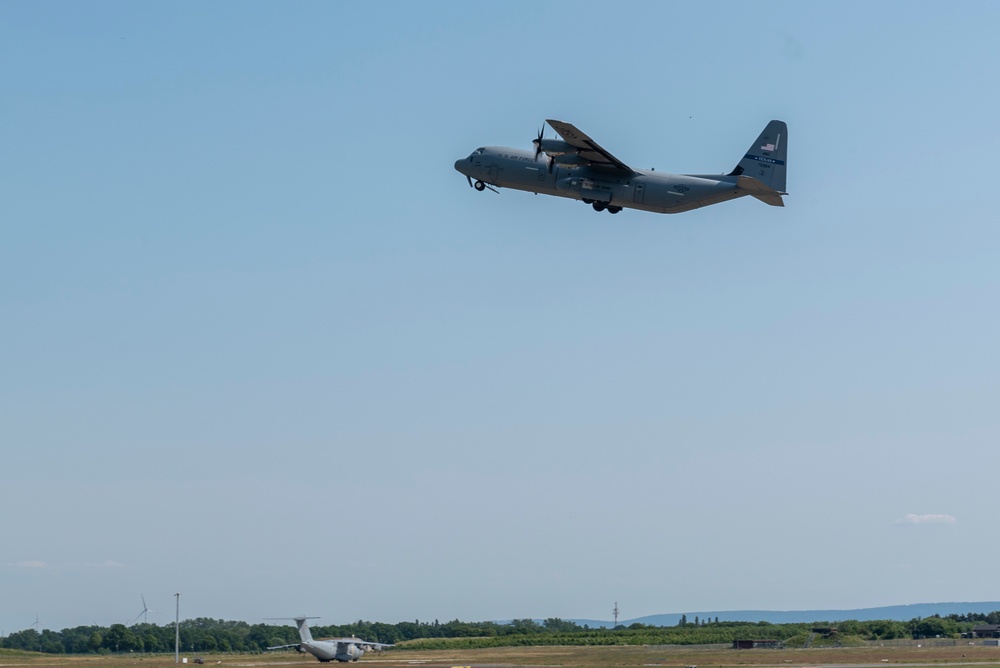 C-130J Super Hercules from 136th Airlift Wing takes off at exercise Air Defender 2023