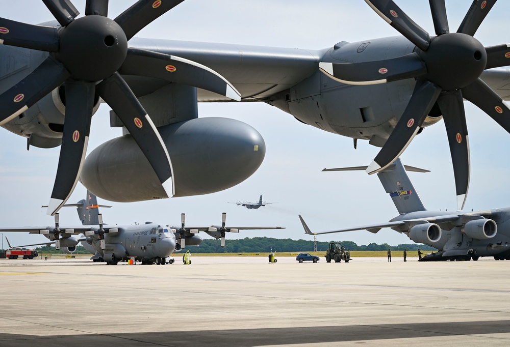 Air National Guard C-17 Globemaster III aircraft deliver cargo in preparation for exercise Air Defender 2023