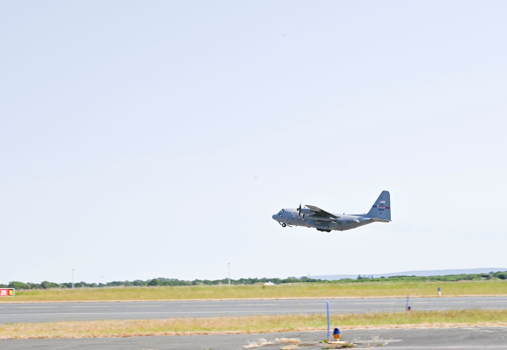 Air National Guard C-130 Hercules aircraft deliver cargo in preparation for exercise Air Defender 2023