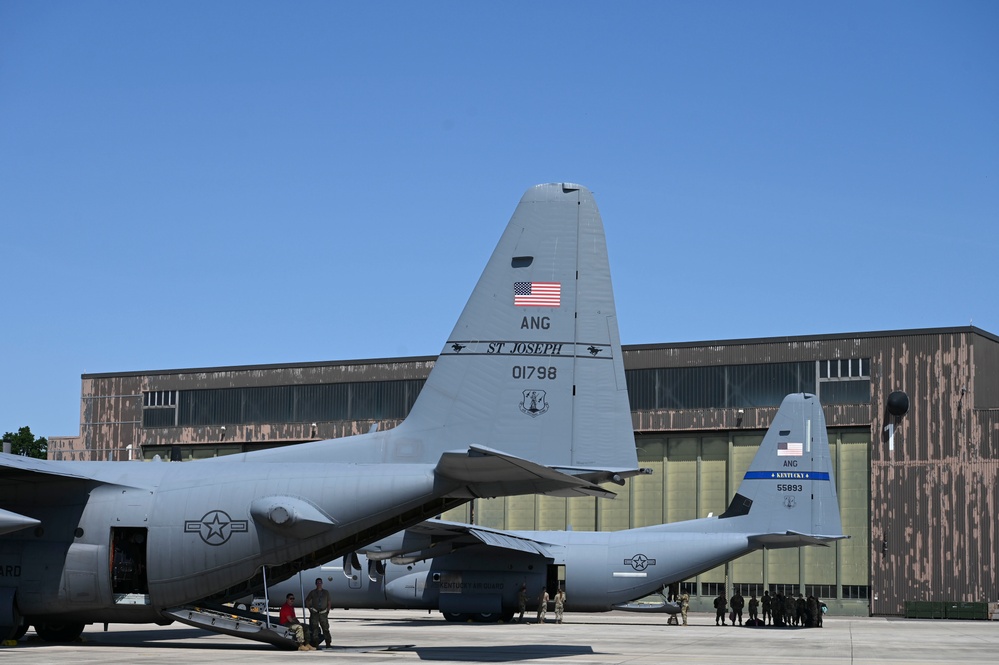 Air National Guard C-130 aircraft deliver cargo in preparation for exercise Air Defender 2023