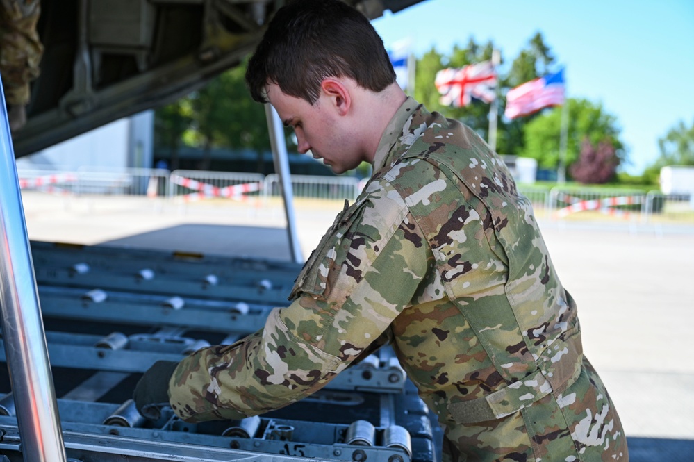 Air National Guard C-130 Hercules aircraft deliver cargo in preparation for exercise Air Defender 2023