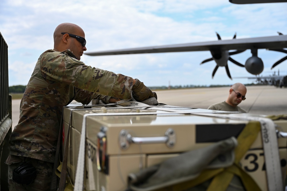 Air National Guard C-130 Hercules aircraft deliver cargo in preparation for exercise Air Defender 2023