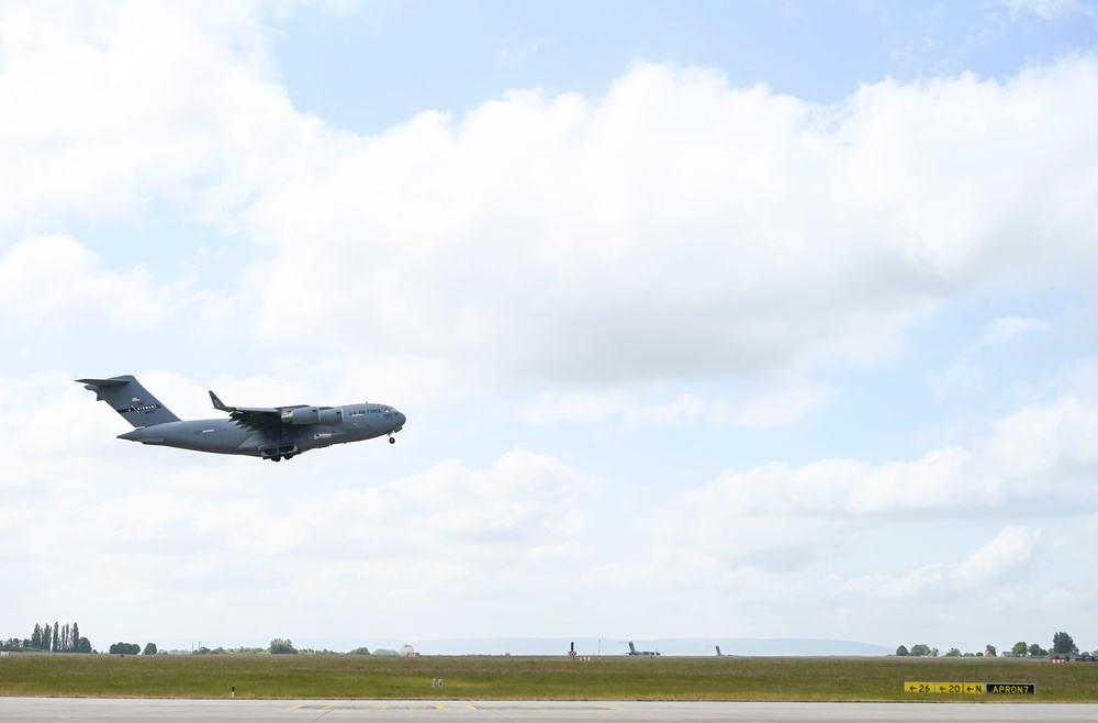 Air National Guard C-17 Globemaster III aircraft deliver cargo in preparation for exercise Air Defender 2023