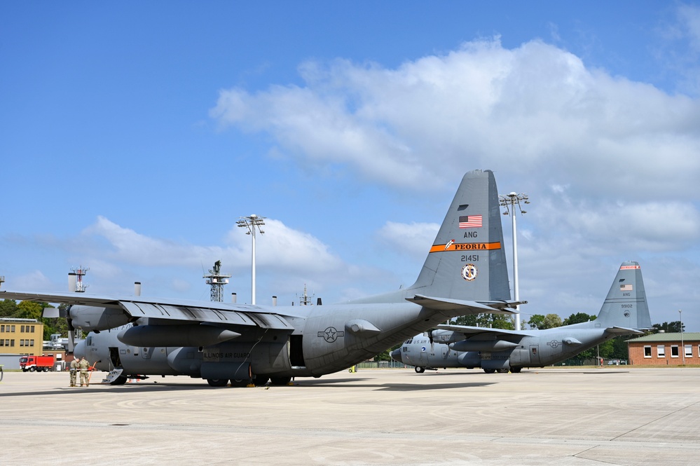 Air National Guard C-130 Hercules aircraft deliver cargo in preparation for exercise Air Defender 2023