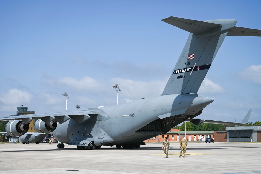 Air National Guard Globemaster III aircraft deliver cargo in preparation for exercise Air Defender 2023