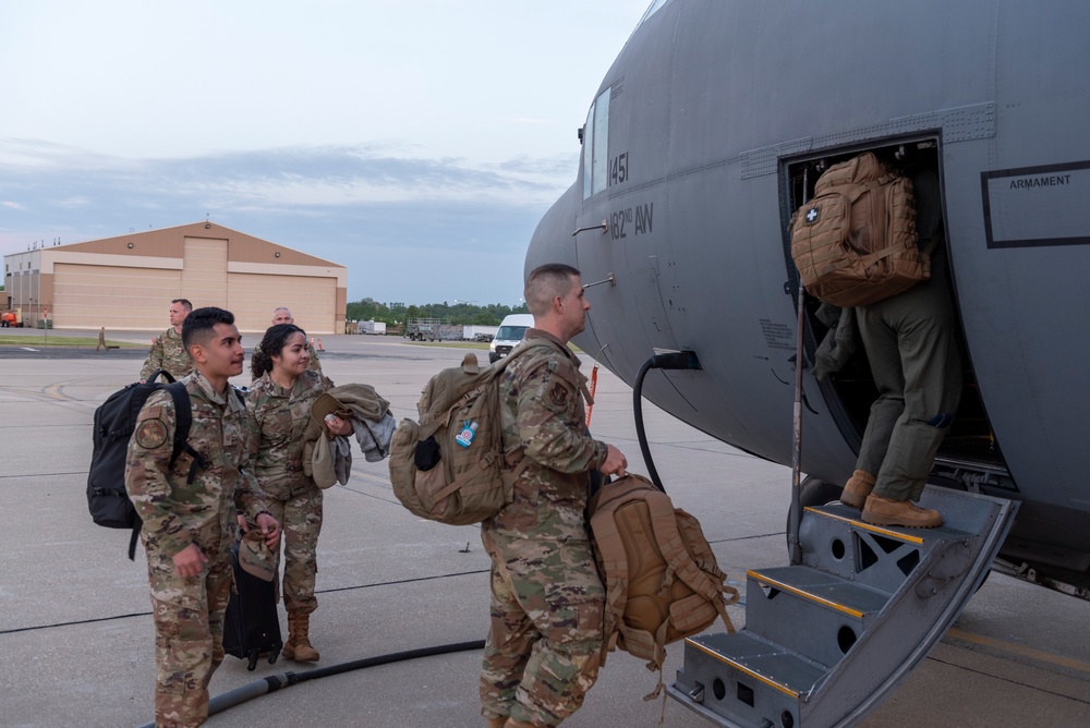 U.S. Airmen with the 182nd Airlift Wing depart for exercise Air Defender 2023 from Peoria