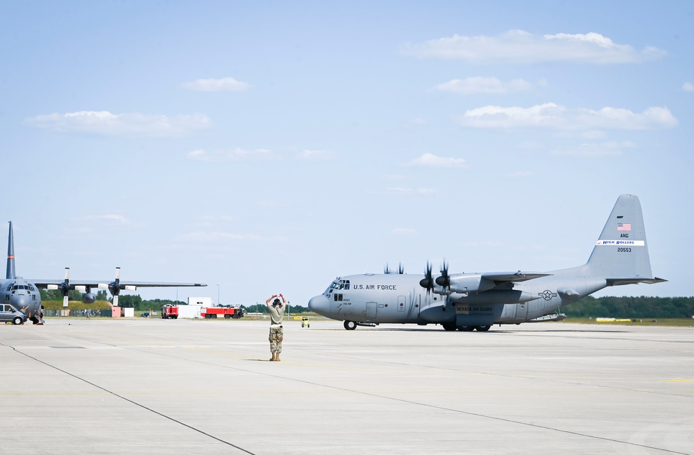 C-130 aircraft deliver cargo in preparation for exercise Air Defender 2023