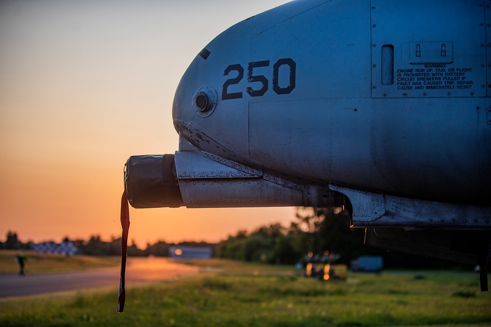 Idaho's A-10 Thunderbolt IIs at sunset in Germany at Air Defender 23