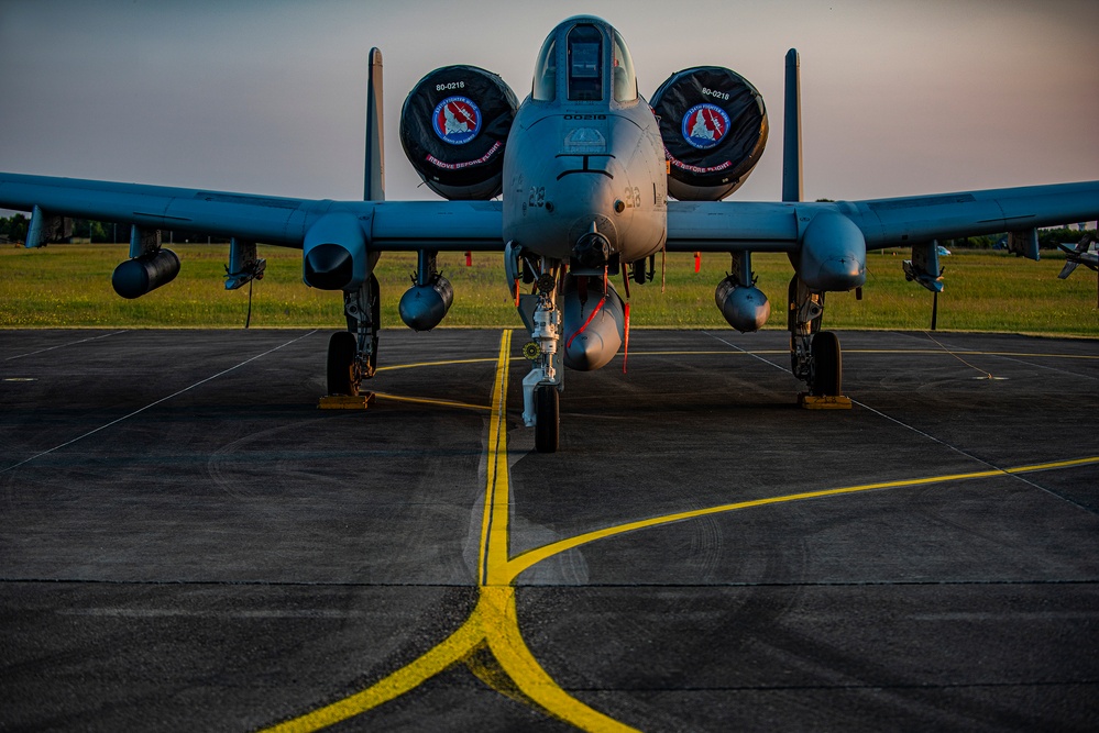 Idaho's A-10 Thunderbolt IIs at sunset in Germany at Air Defender 23