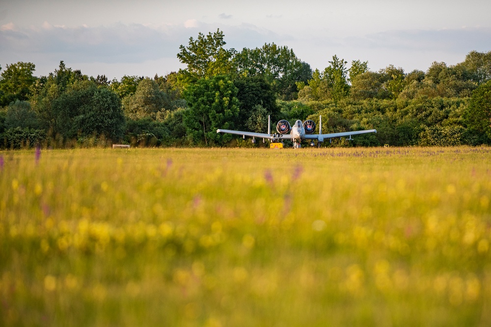 Idaho's A-10 Thunderbolt IIs at sunset in Germany at Air Defender 23