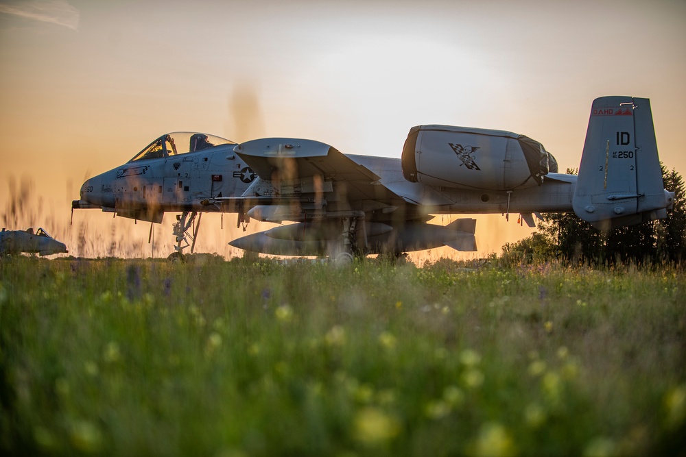 Idaho's A-10 Thunderbolt IIs at sunset in Germany at Air Defender 23