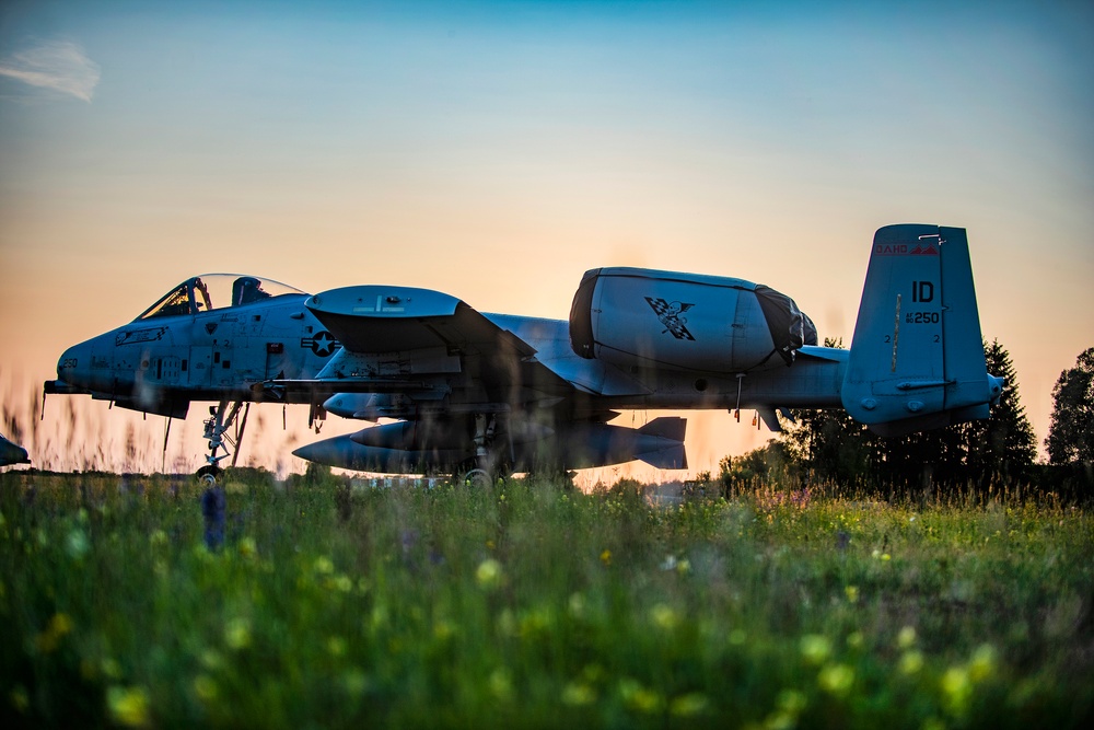 Idaho's A-10 Thunderbolt IIs at sunset in Germany at Air Defender 23