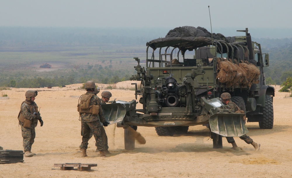 Fort Dix, NJ- The 3 BN 14 Marines conduct live fire artillery exercises.