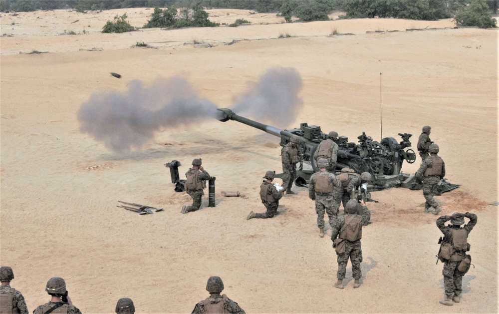 Fort Dix, NJ- The 3 BN 14 Marines conduct live fire artillery exercises.