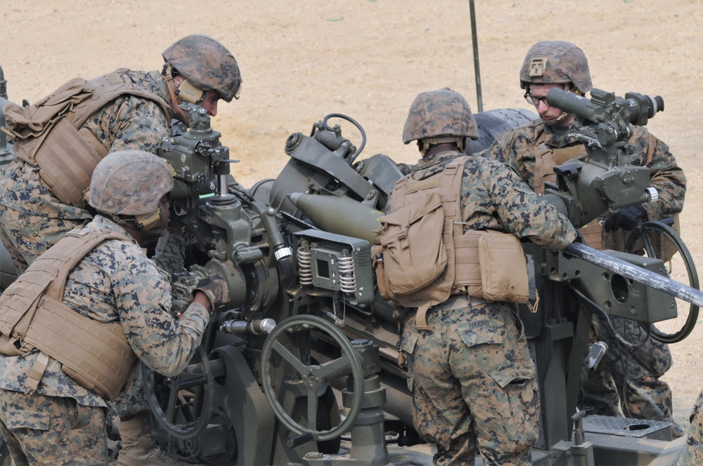 Fort Dix, NJ- The 3 BN 14 Marines conduct live fire artillery exercises.