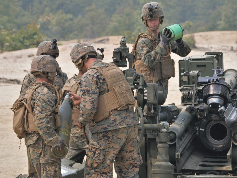 Fort Dix, NJ- The 3 BN 14 Marines conduct live fire artillery exercises.