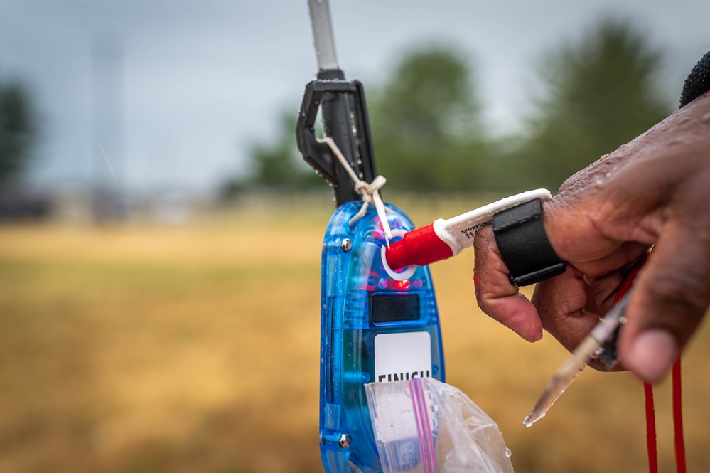 A competitor finishes an orienteering event