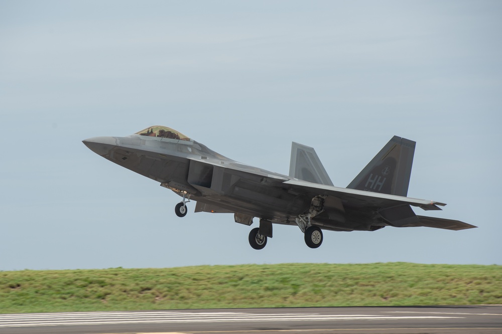 F-22 Raptors Fly at Pacific Missile Range Facility (PMRF).