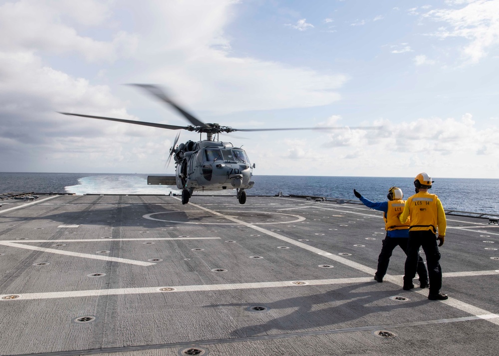 HELICOPTER SEA COMBAT SQUADRON (HSC) 21 CONDUCTS FLIGHT OPERATIONS ON USS MANCHESTER (LCS 14)