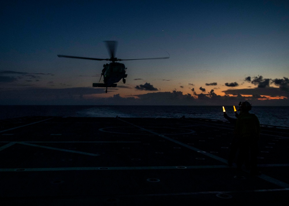 HELICOPTER SEA COMBAT SQUADRON (HSC) 21 CONDUCTS FLIGHT OPERATIONS ON USS MANCHESTER (LCS 14)