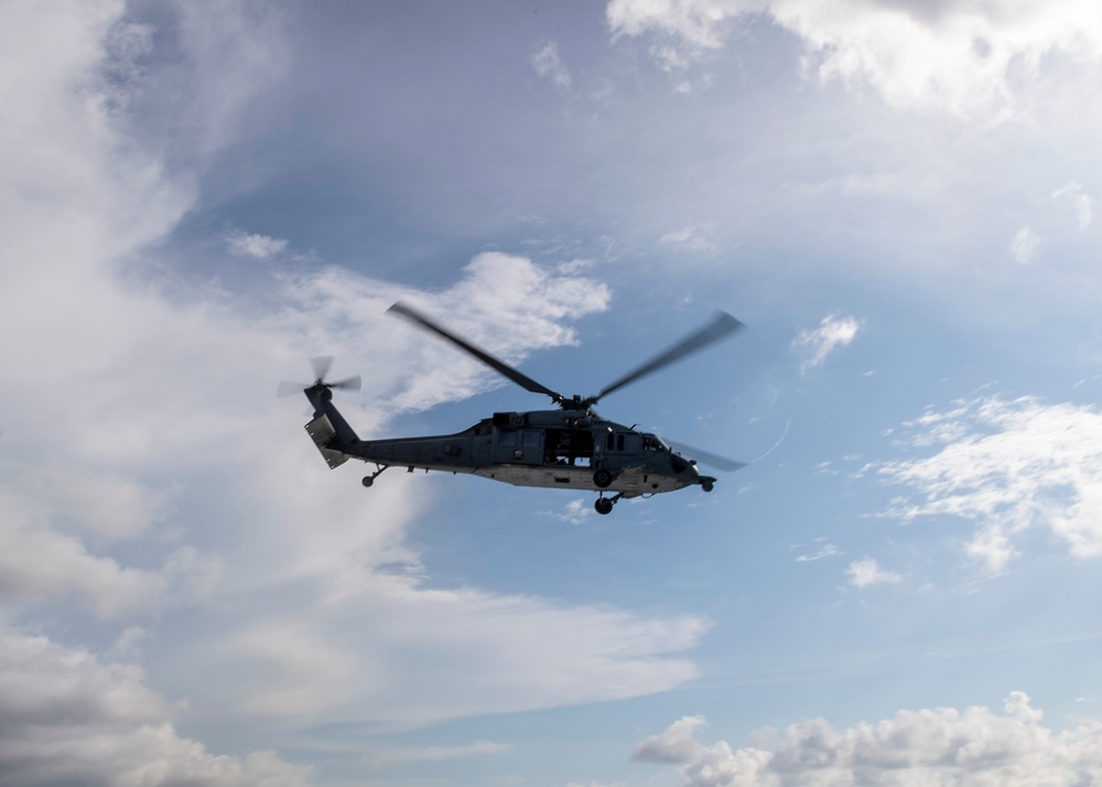 HELICOPTER SEA COMBAT SQUADRON (HSC) 21 CONDUCTS FLIGHT OPERATIONS ON USS MANCHESTER (LCS 14)