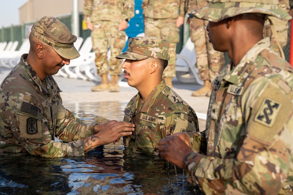 Promotion ceremony in a swimming pool