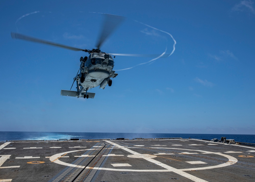 USS Rafael Peralta (DDG 115) conducts flight operations with Helicopter Maritime Strike Squadron (HSM) 77