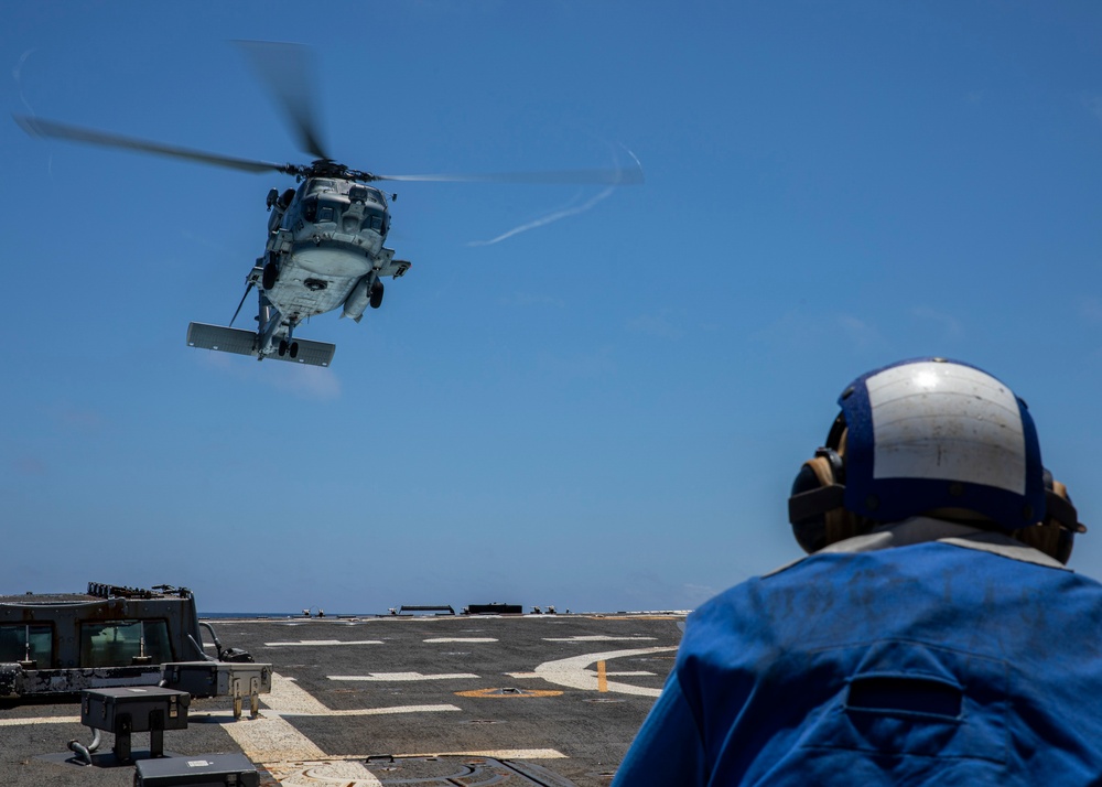 USS Rafael Peralta (DDG 115) conducts flight operations with Helicopter Maritime Strike Squadron (HSM) 77