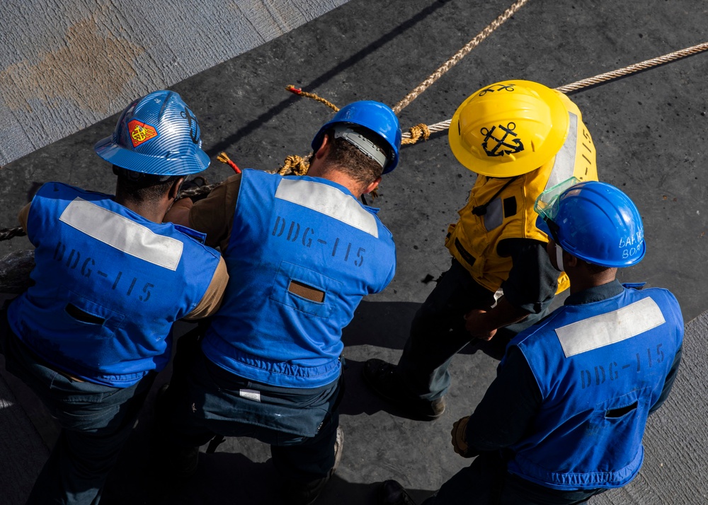 USS Rafael Peralta (DDG 115) conducts a replenishment-at-sea with the Military Sealift Command fleet replenishment oiler USNS Rappahannock (T-AO 204)