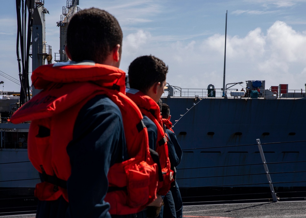 USS Rafael Peralta (DDG 115) conducts a replenishment-at-sea with the Military Sealift Command fleet replenishment oiler USNS Rappahannock (T-AO 204)