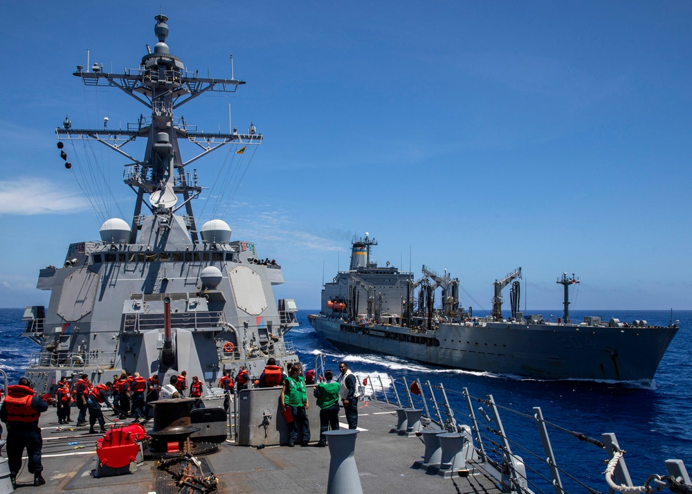 USS Rafael Peralta (DDG 115) conducts a replenishment-at-sea with the Military Sealift Command fleet replenishment oiler USNS Rappahannock (T-AO 204)