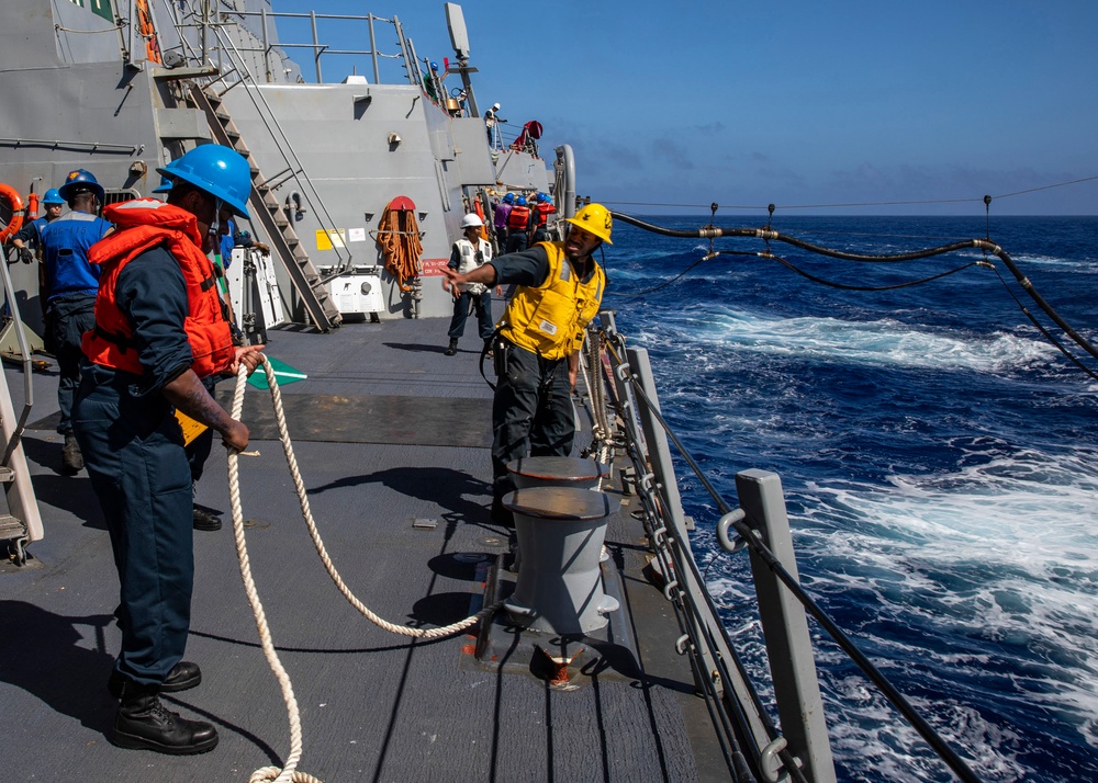 USS Rafael Peralta (DDG 115) conducts a replenishment-at-sea with the Military Sealift Command fleet replenishment oiler USNS Rappahannock (T-AO 204)