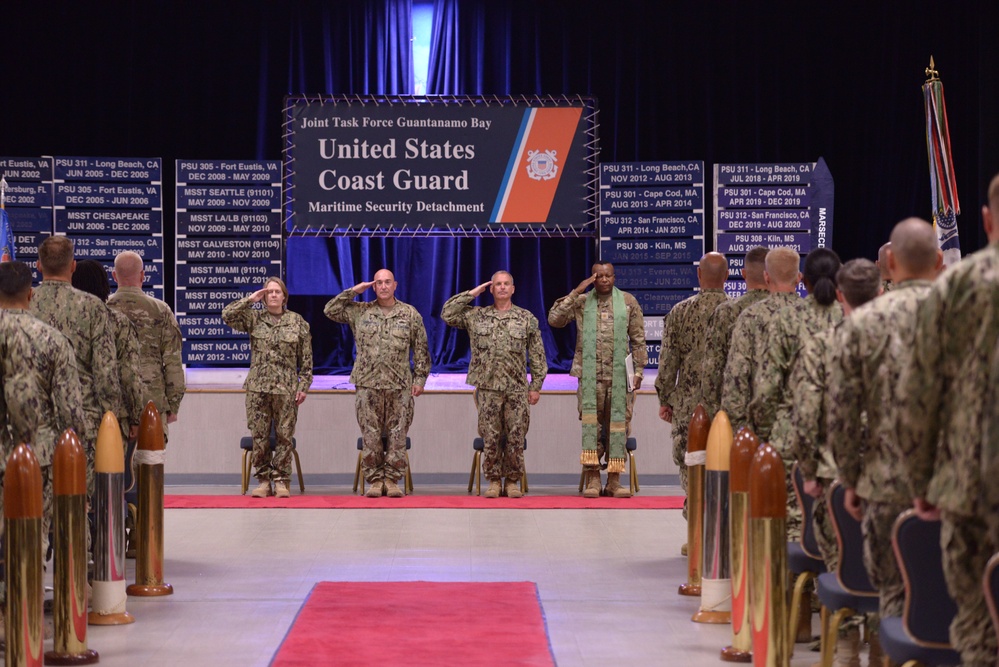 U.S. Coast Guard Port Security Unit 305 conducts a casing of the colors ceremony at Naval Base Guantanamo Bay, Cuba