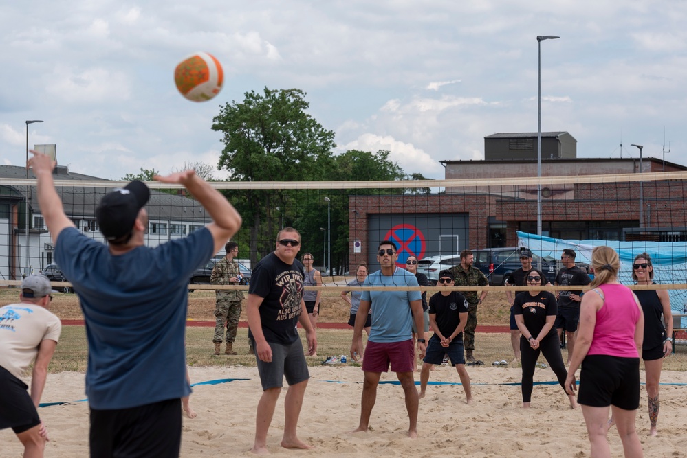 U.S. Airmen and German airmen play volleyball to strengthen camaraderie at exercise Air Defender 2023