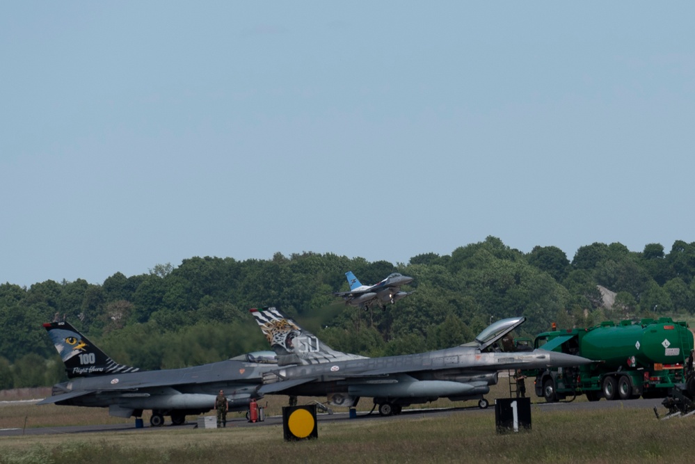 A U.S. Air Force F-16 Fighting Falcon aircraft, 140th Fighter Wing, lands in Lithuania during exercise Air Defender 2023