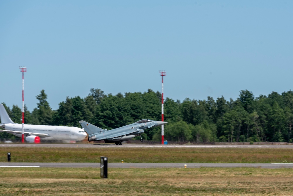 A German Tornado fighter jet lands in Lithuania during exercise Air Defender 2023