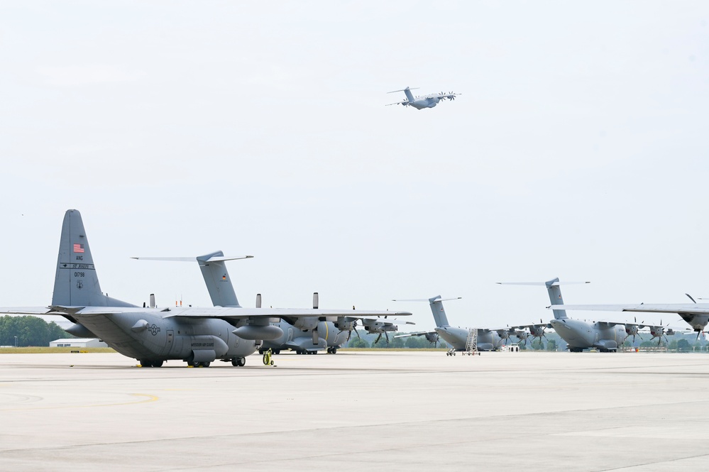 C-130 Hercules and C-130J Super Hercules units perform flight line operations at Wunstorf Air Base, Germany