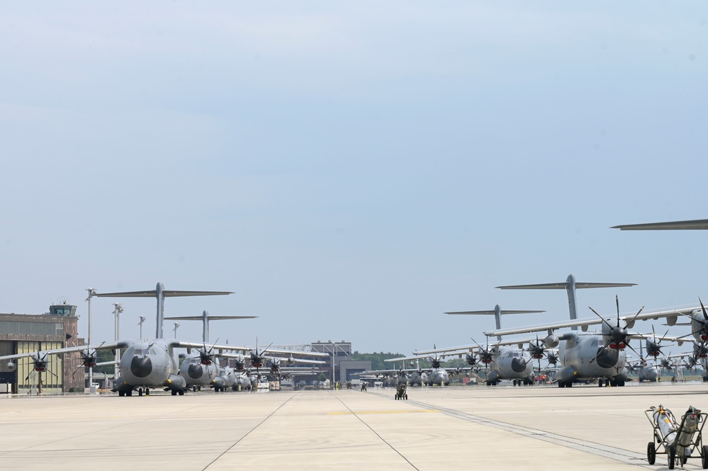 C-130 Hercules and C-130J Super Hercules units perform flight line operations at Wunstorf Air Base, Germany