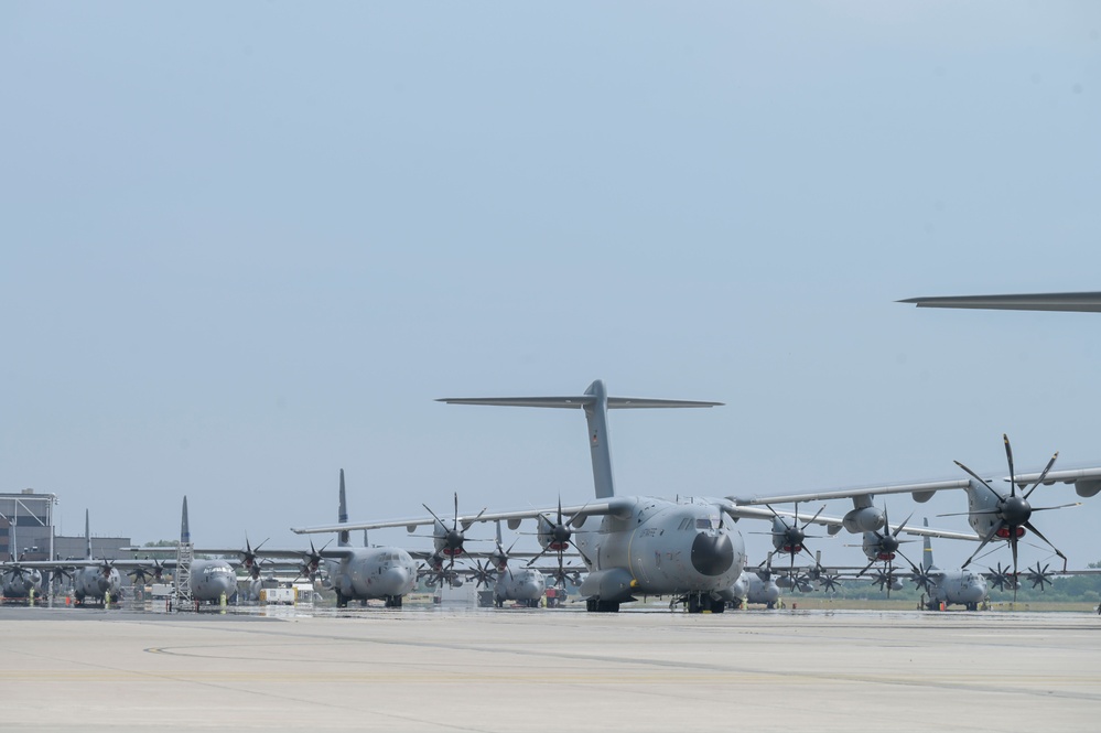 C-130 Hercules and C-130J Super Hercules units perform flight line operations at Wunstorf Air Base, Germany