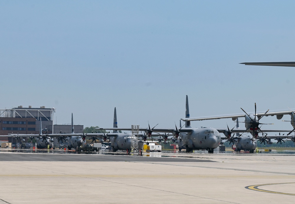 C-130 Hercules and C-130J Super Hercules units perform flight line operations at Wunstorf Air Base, Germany