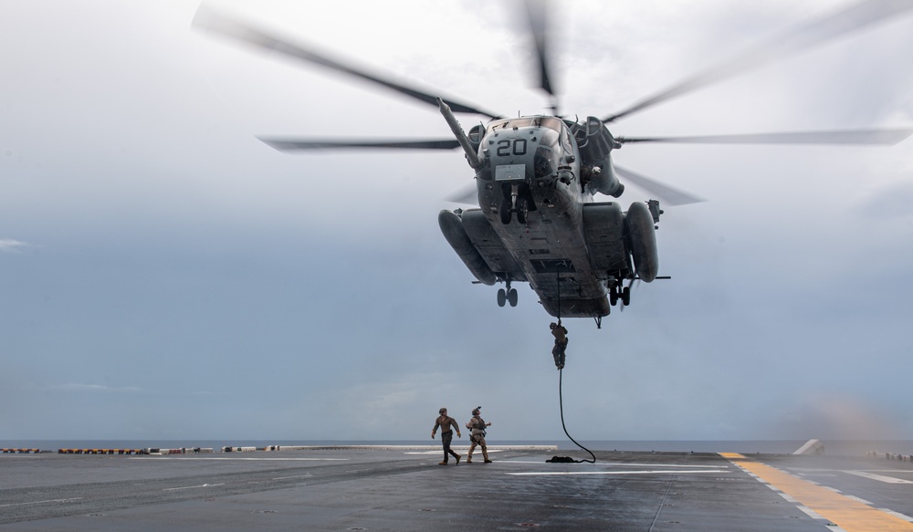 31st MEU Conducts a Fast Rope Exercise On the Flight Deck of USS America