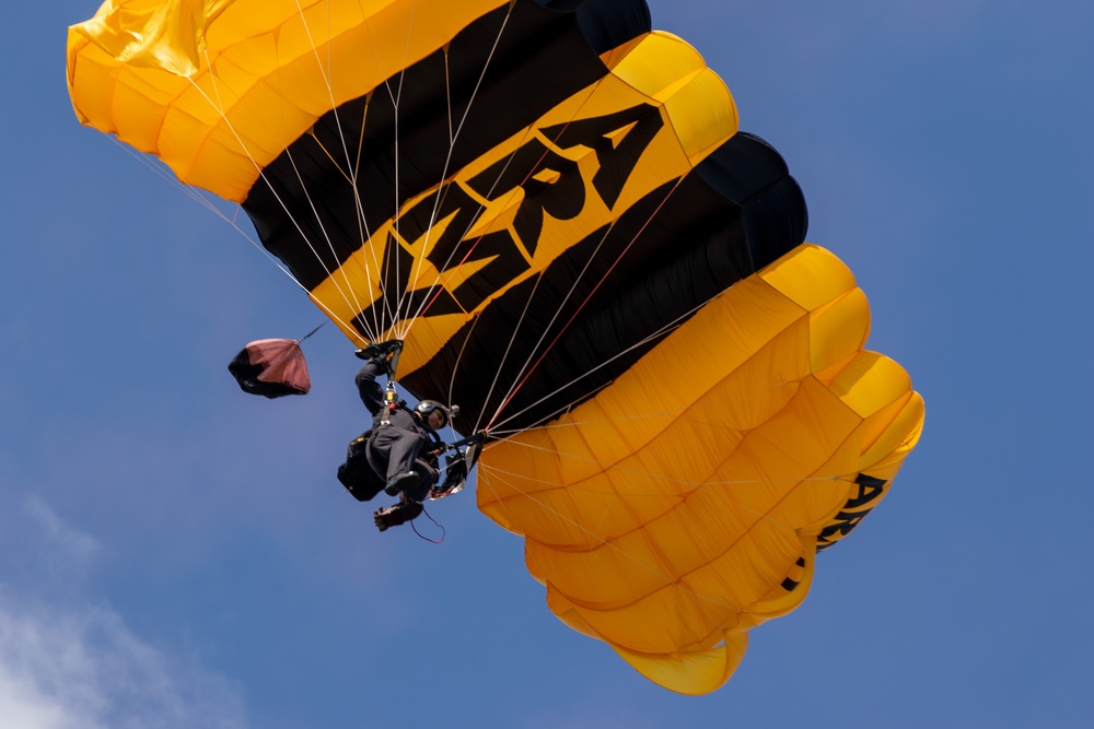 A member of the U.S. Army Golden Knights Parachute team performs a