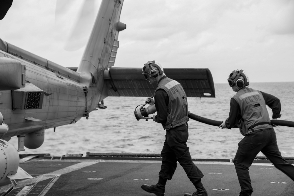 USS Robert Smalls (CG 62) Sailors Conduct Hot Pump During Flight Quarters