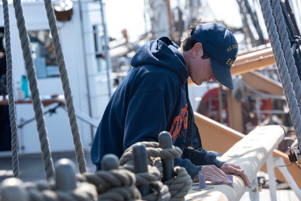 USCGC Eagle's crew maintains the ship underway