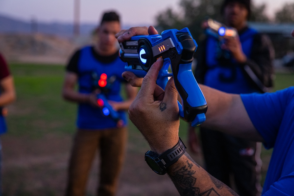 Marines take part in a laser tag event hosted by the Readiness and Deployment Support Program