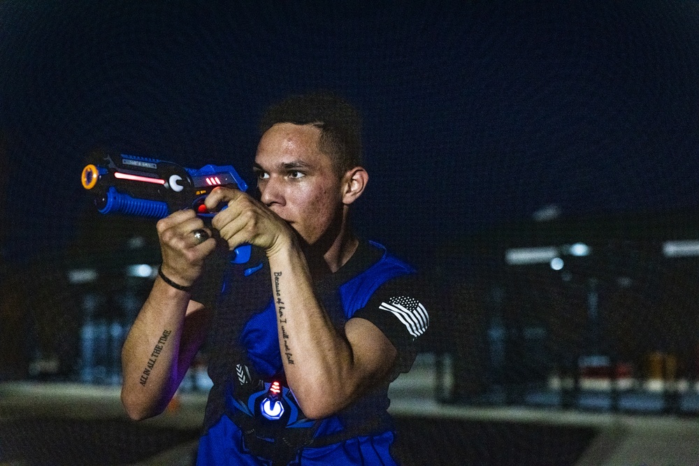 Marines take part in a laser tag event hosted by the Readiness and Deployment Support Program