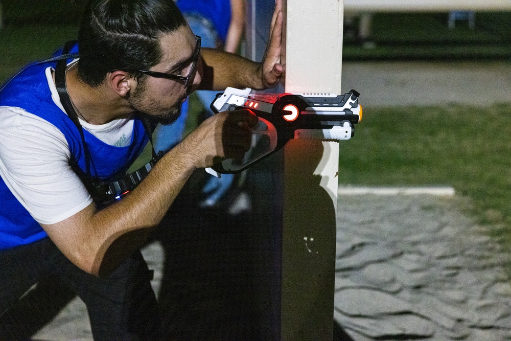 Marines take part in a laser tag event hosted by the Readiness and Deployment Support Program