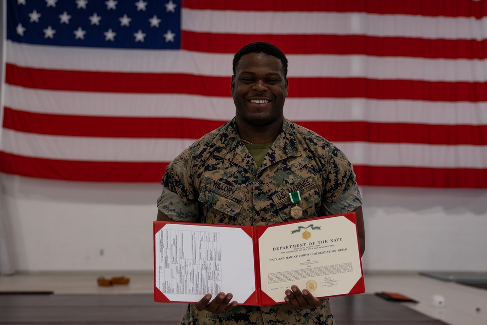 U.S. Marine awarded for extinguishing a kitchen fire while off duty